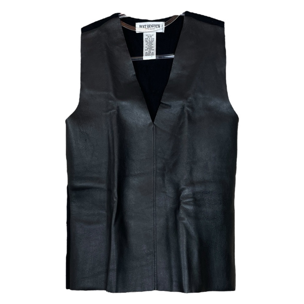 Vtg Holt Renfrew Studio Genuine Leather Knit Back Sleeveless Black Top Size M